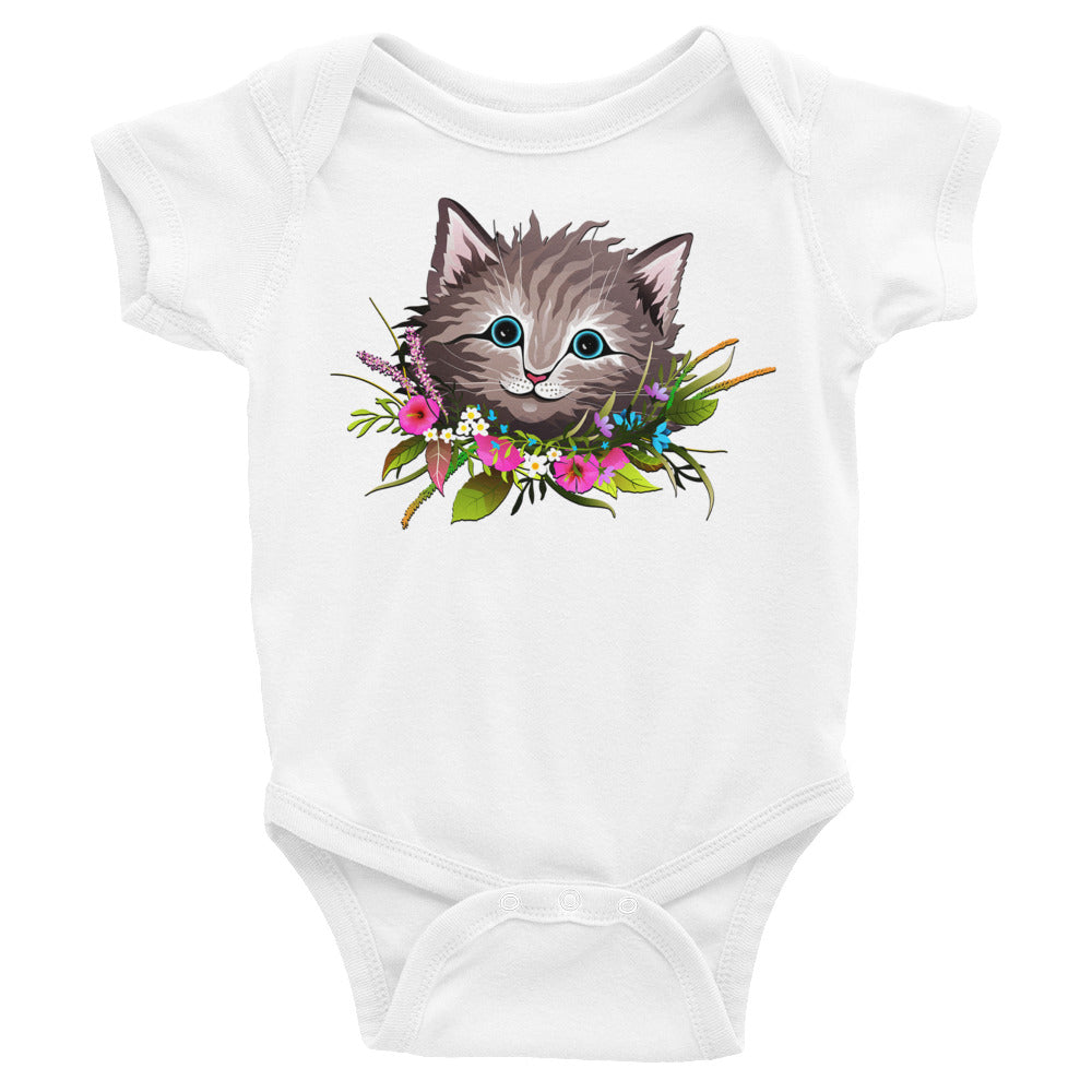 Cute Cat Face with Flowers Wreath Around the Neck, Bodysuits, No. 0155