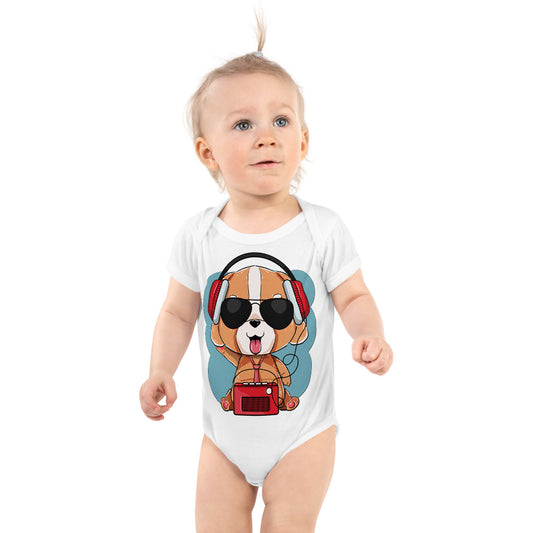 Cute Dog Puppy Listening to Music, Bodysuits, No. 0295