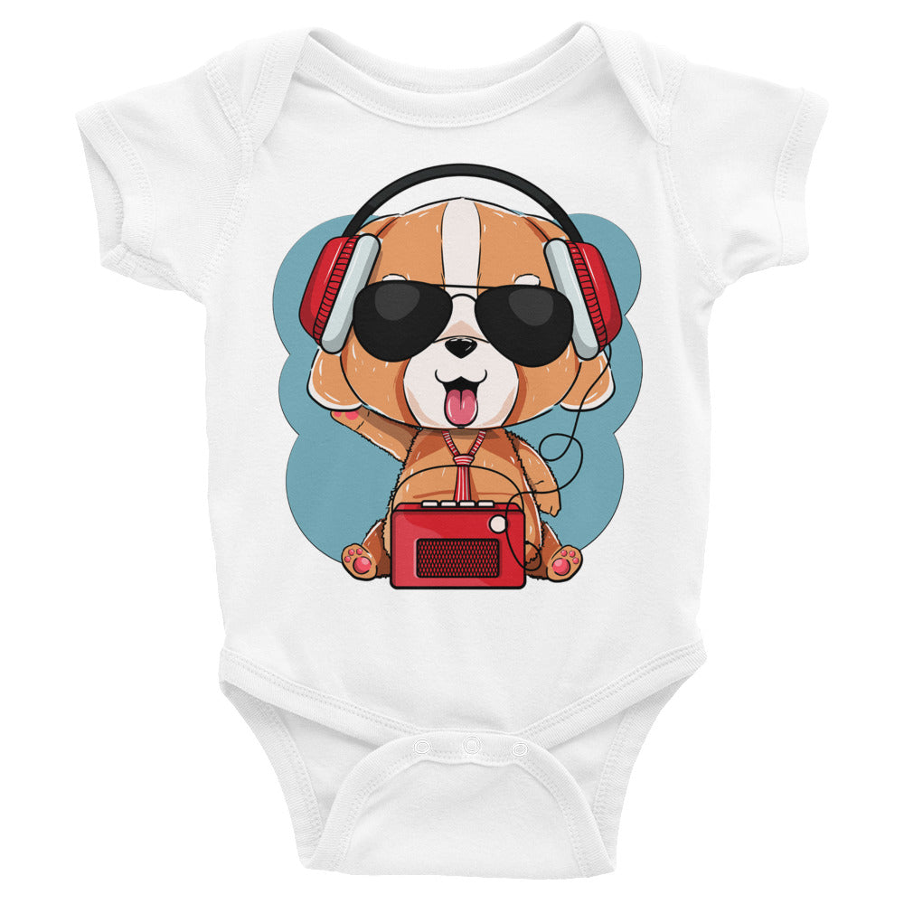 Cute Dog Puppy Listening to Music, Bodysuits, No. 0295