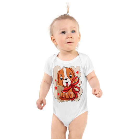 Cute Dog Puppy with Red Ribbon, Bodysuits, No. 0299