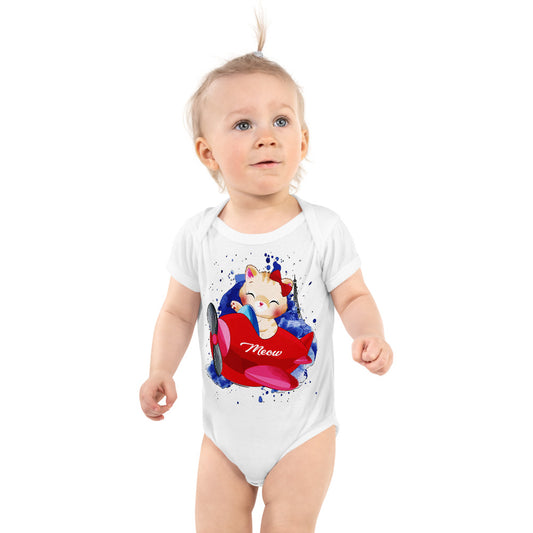 Cute Kitty Cat Flying with Aeroplane, Bodysuits, No. 0311