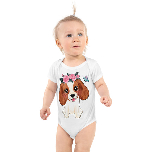 Cute Little Cavalier King Charles Dog with Flowers Bodysuit, No. 0353