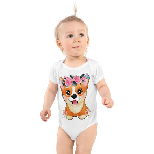 Cute Little Corgi Dog with Flowers Bodysuit, No. 0354