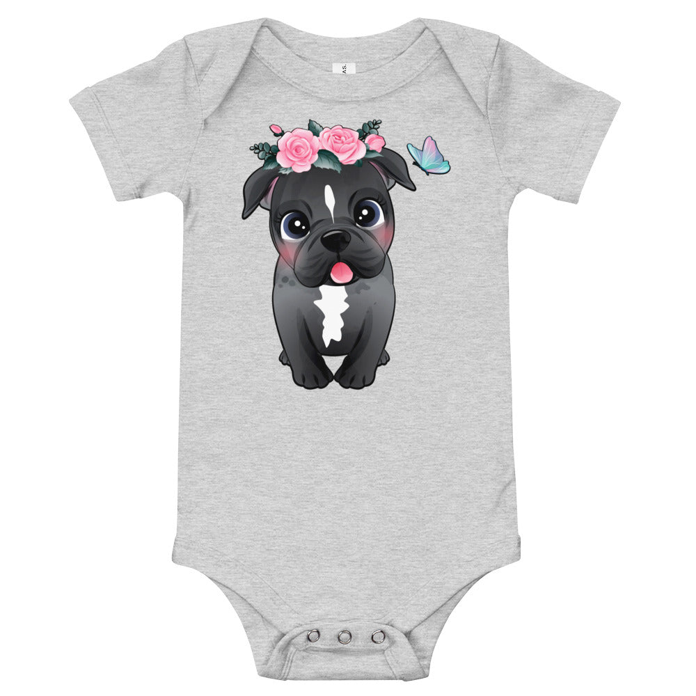 Cute Little Pitbull Dog with Flowers, Bodysuits, No. 361