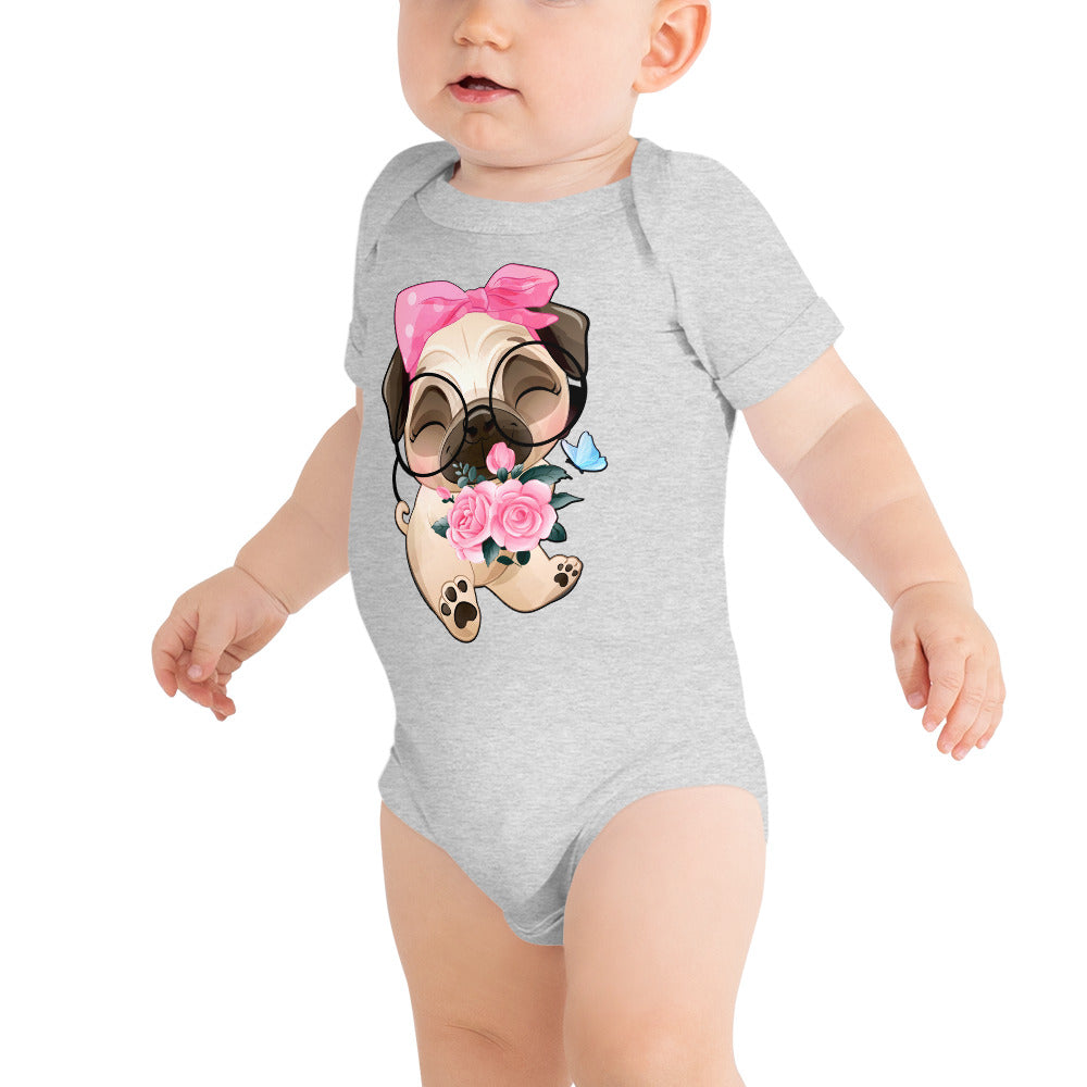 Cute Little Pug Dog Holding Roses, Bodysuits, No. 0362