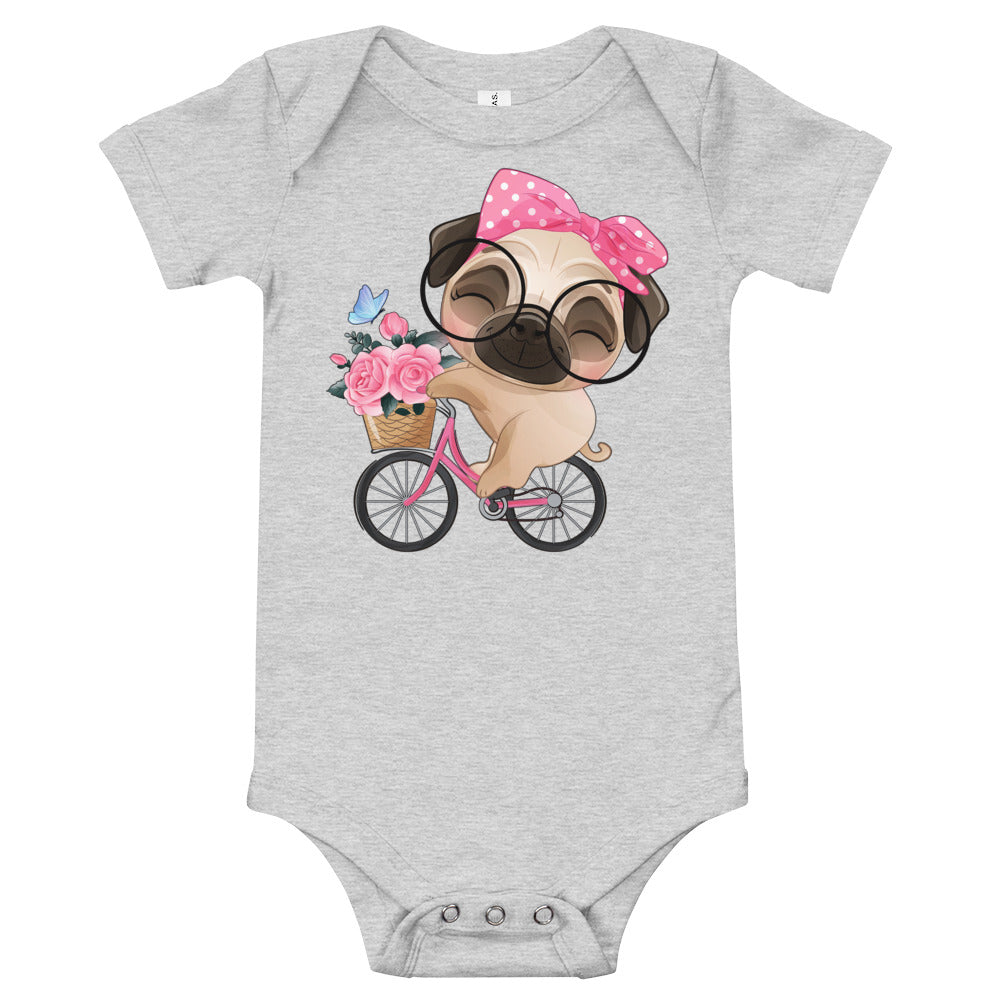 Cute Little Pug Dog Riding Bicycle, Bodysuits, No. 0364