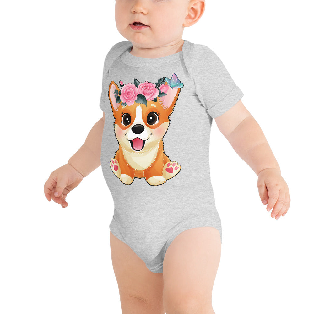 Cute Little Corgi Dog with Flowers, Bodysuits, No. 0354