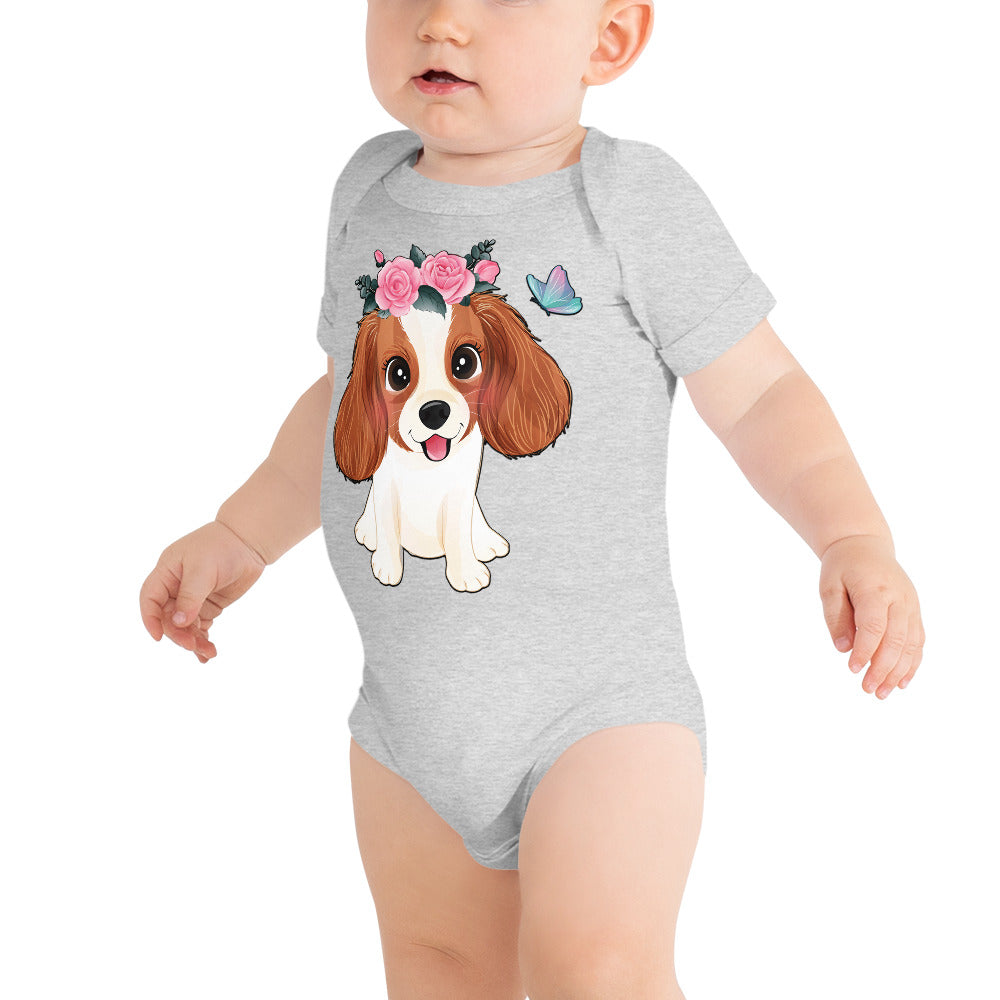 Cute Little Cavalier King Charles Dog with Flowers, Bodysuits, No. 0353