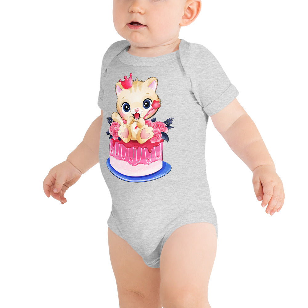 Lovely Baby Kitty Cat Sitting on Cake, Bodysuits, No. 0465