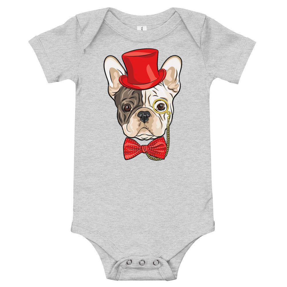 Gentleman French Bulldog Wears Red Hat Bodysuit, No. 0523