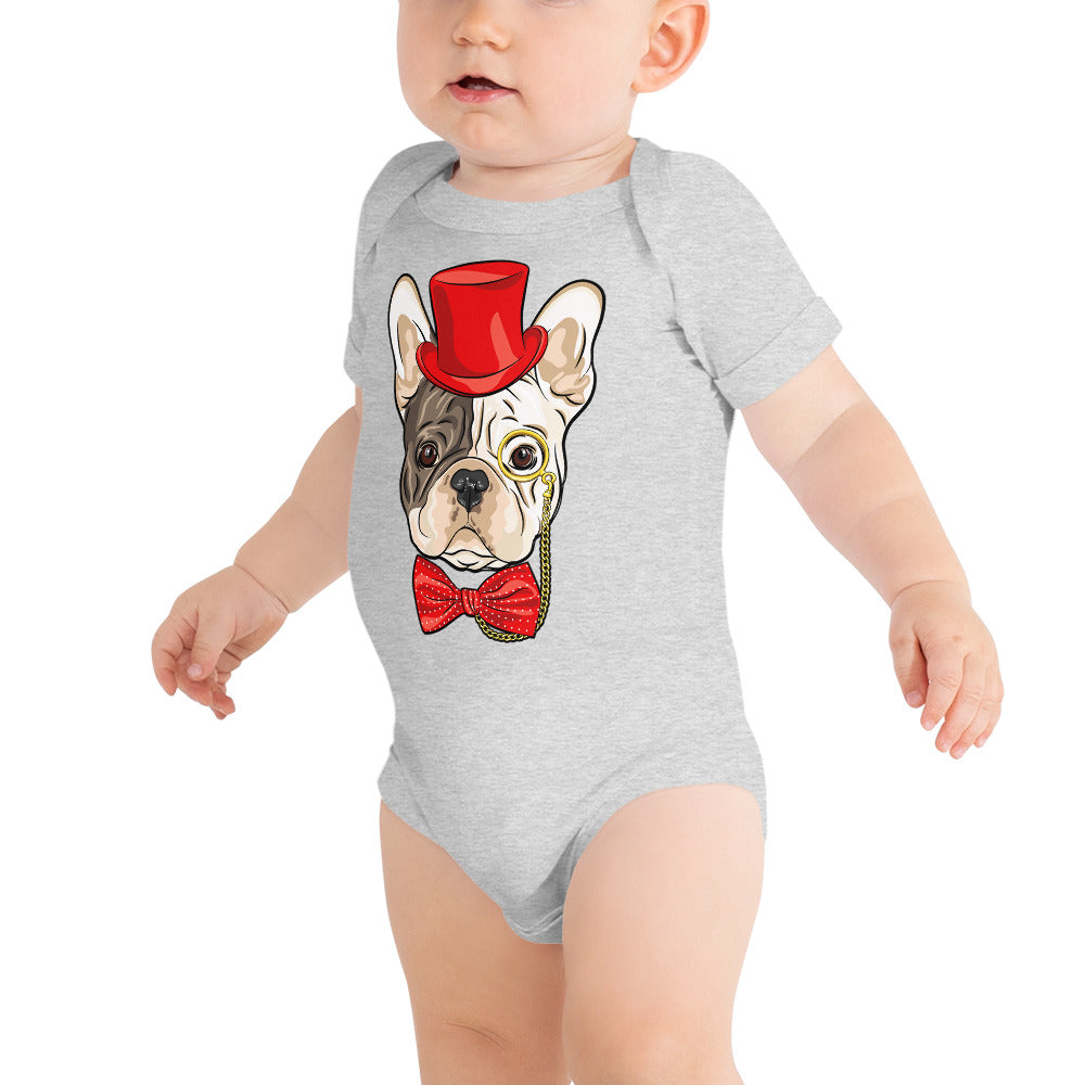 Gentleman French Bulldog Wears Red Hat Bodysuit, No. 0523