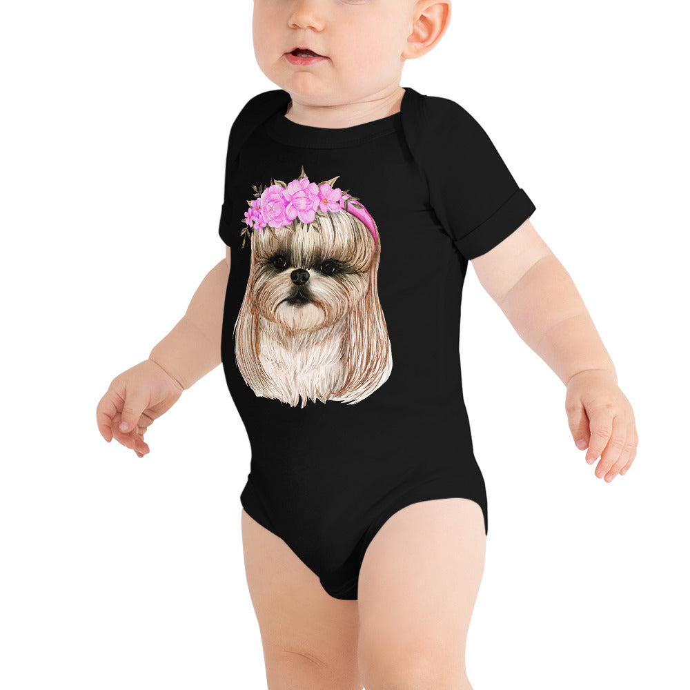 Adorable Dog with Flower Hair Crowns, Bodysuit, No. 0562