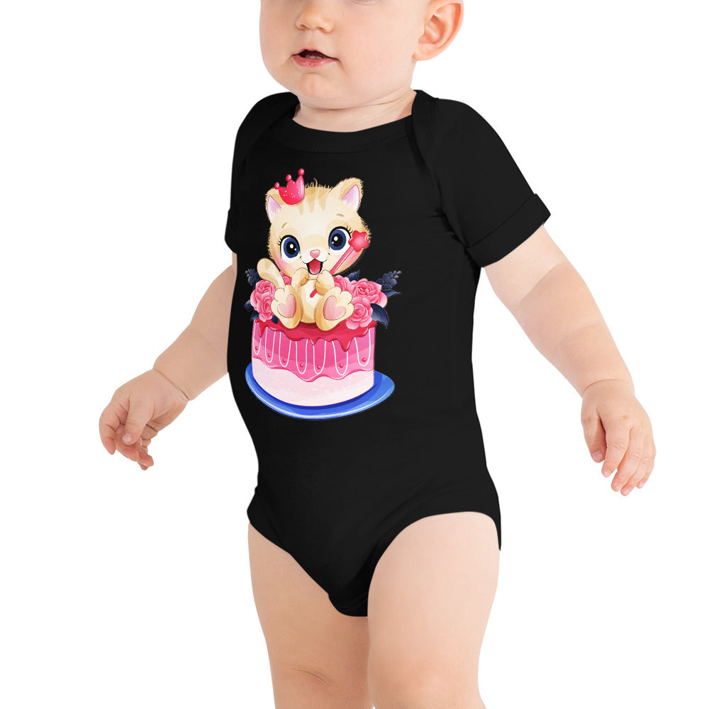 Lovely Baby Kitty Cat Sitting on Cake, Bodysuits, No. 0465