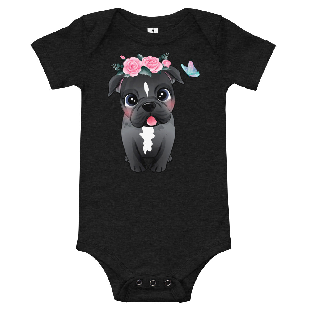 Cute Little Pitbull Dog with Flowers, Bodysuits, No. 361