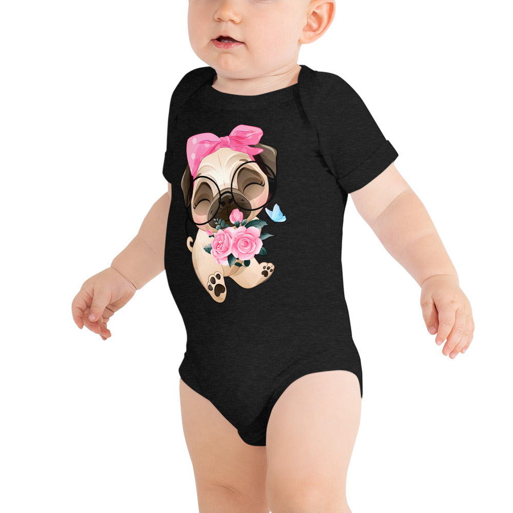 Cute Little Pug Dog Holding Roses, Bodysuits, No. 0362