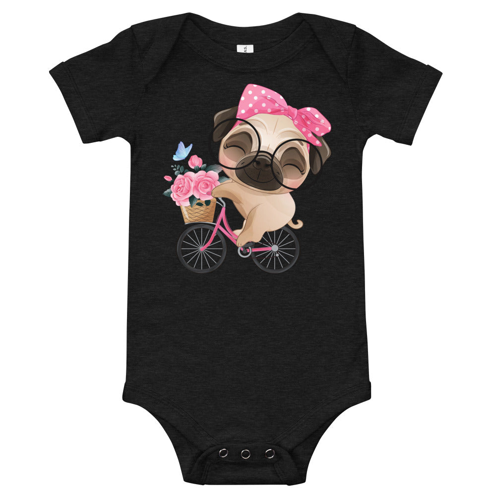 Cute Little Pug Dog Riding Bicycle, Bodysuits, No. 0364