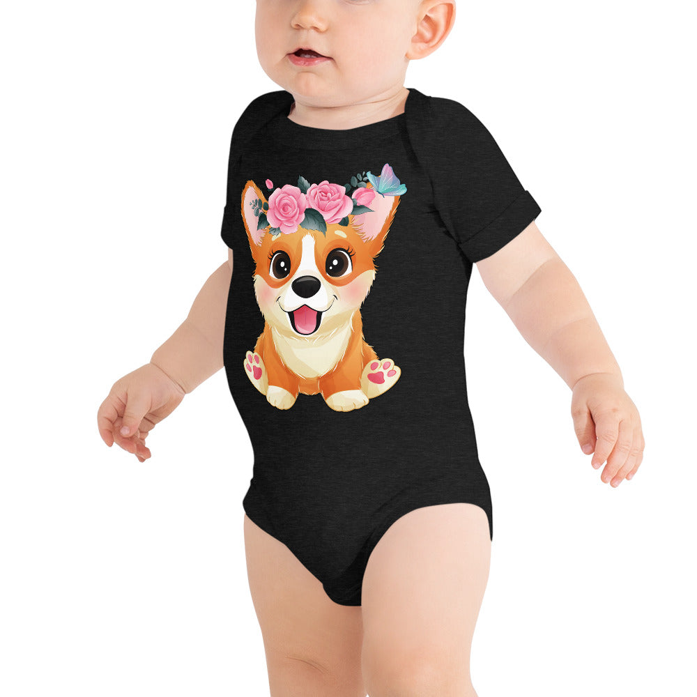 Cute Little Corgi Dog with Flowers, Bodysuits, No. 0354