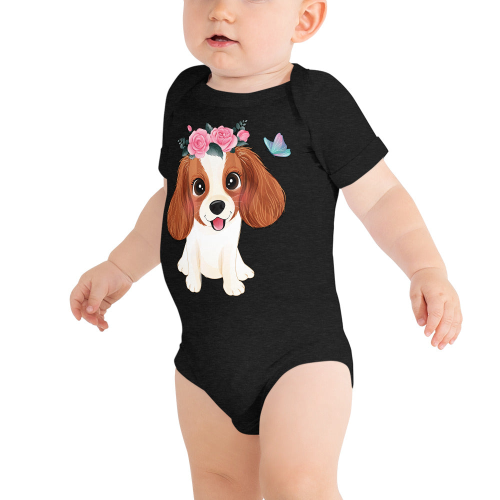 Cute Little Cavalier King Charles Dog with Flowers, Bodysuits, No. 0353