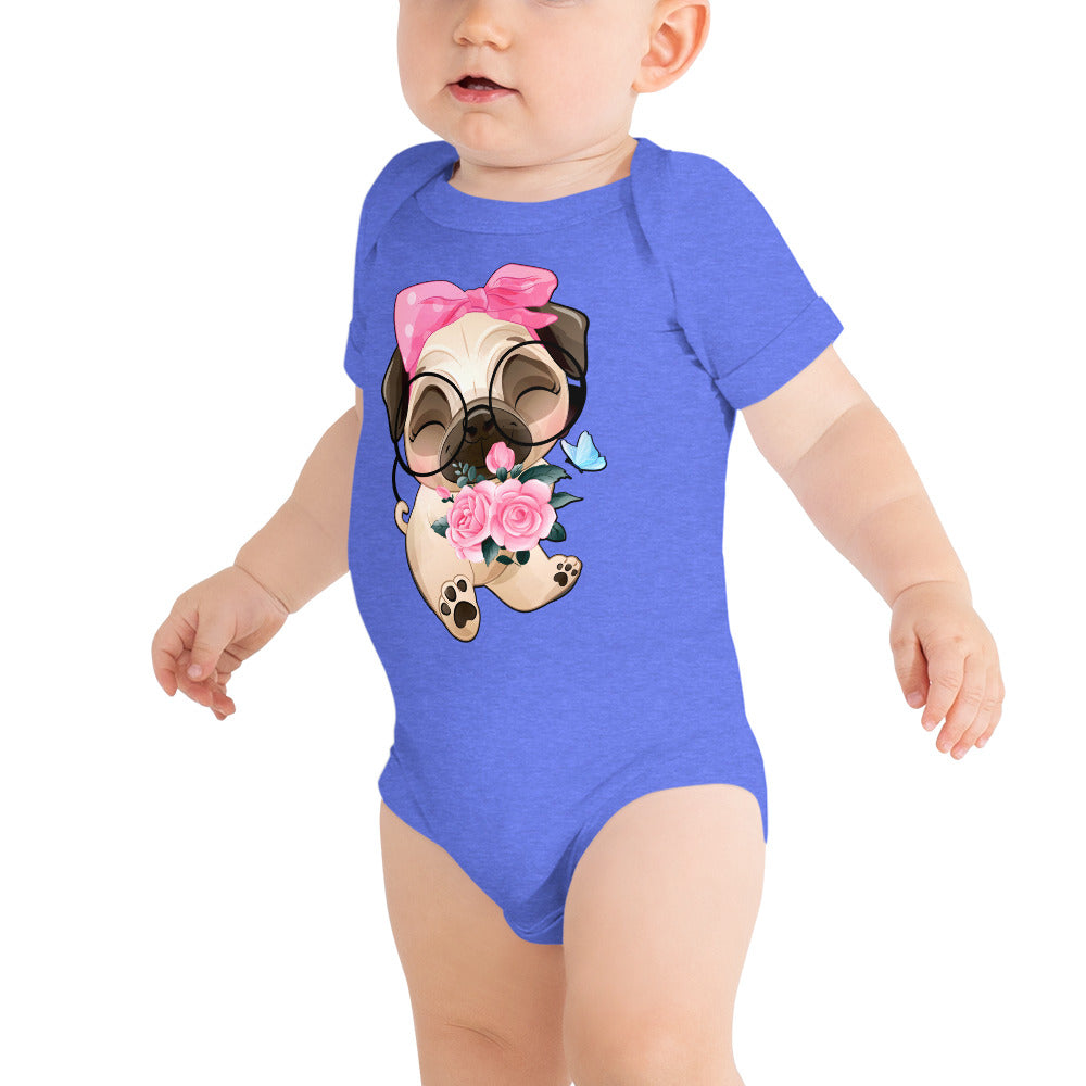 Cute Little Pug Dog Holding Roses, Bodysuits, No. 0362