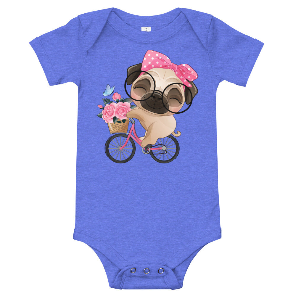 Cute Little Pug Dog Riding Bicycle, Bodysuits, No. 0364