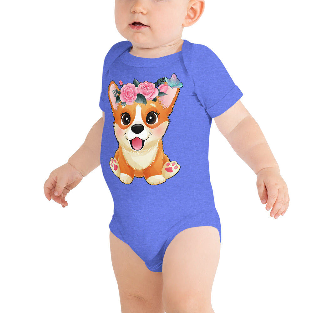 Cute Little Corgi Dog with Flowers, Bodysuits, No. 0354