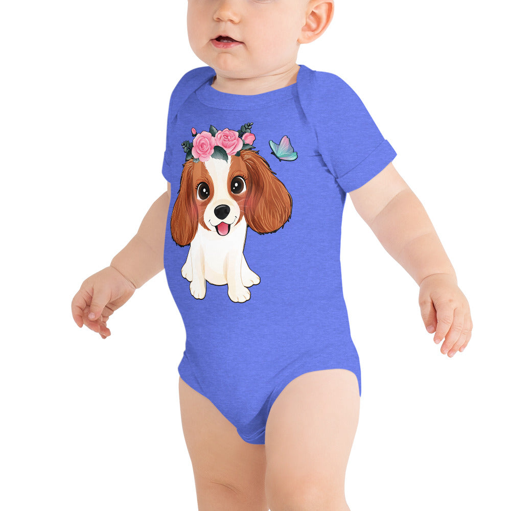 Cute Little Cavalier King Charles Dog with Flowers, Bodysuits, No. 0353