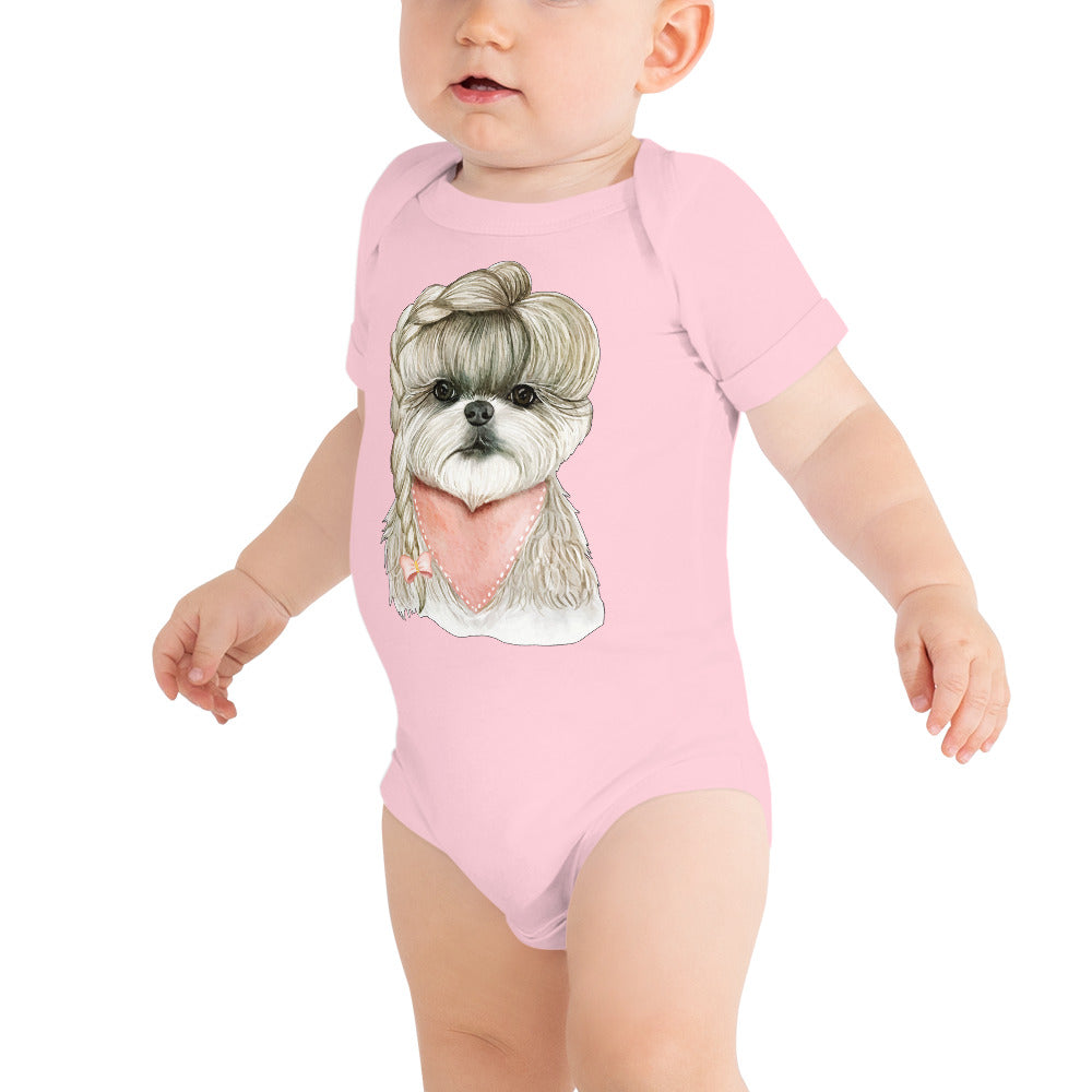 Adorable Dog with Hair Braids Ribbon, Bodysuit, No. 0564