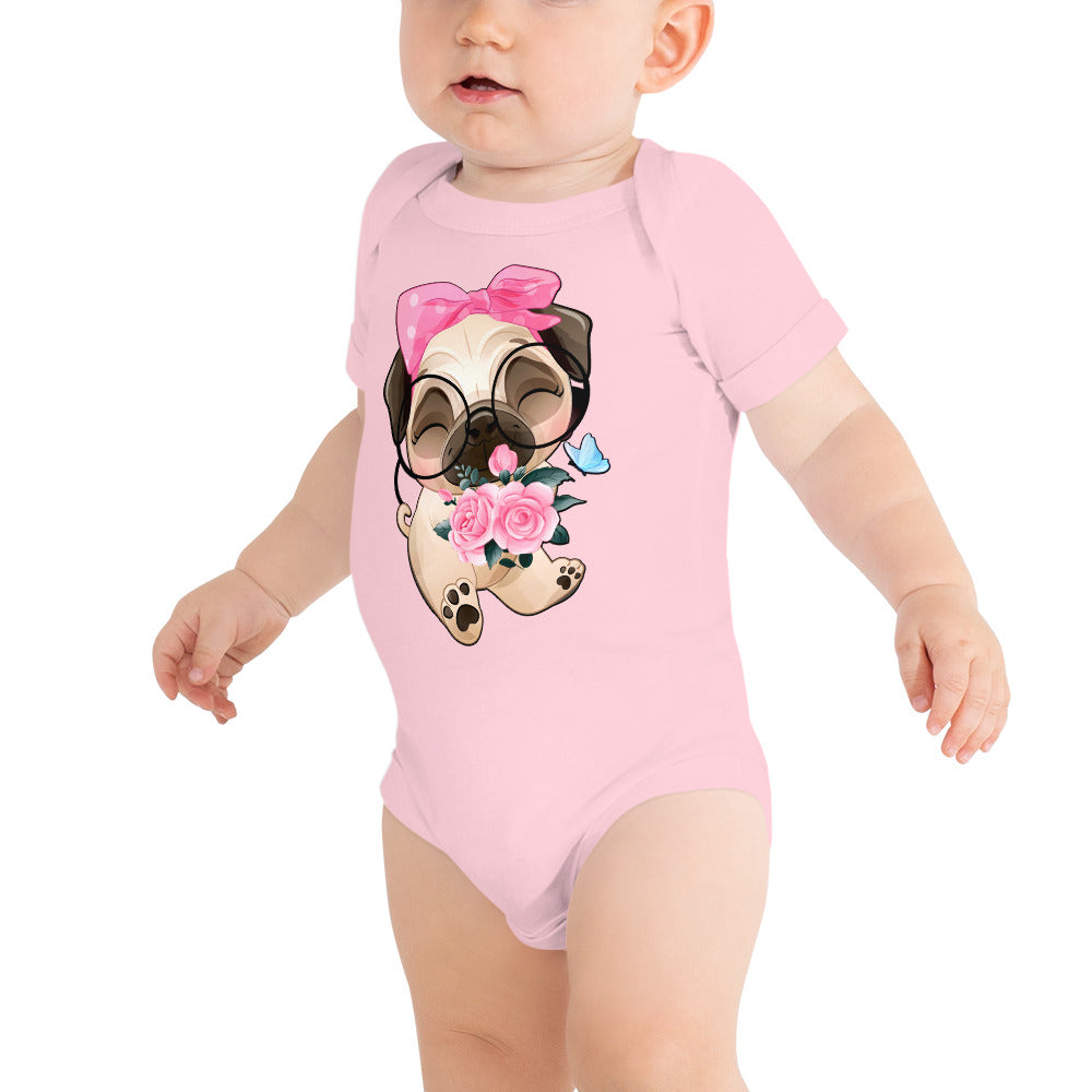 Cute Little Pug Dog Holding Roses, Bodysuits, No. 0362