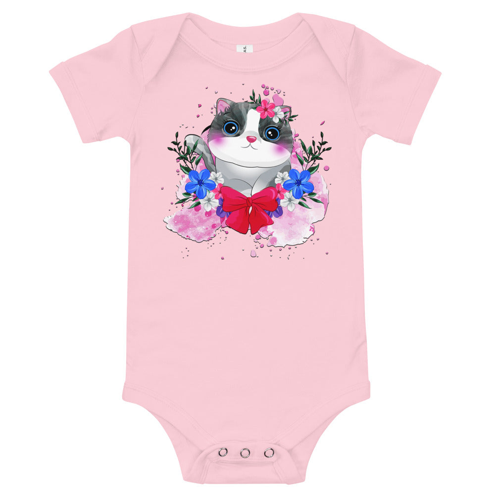 Cute Kitty Cat with Flowers, Bodysuits, No. 0328