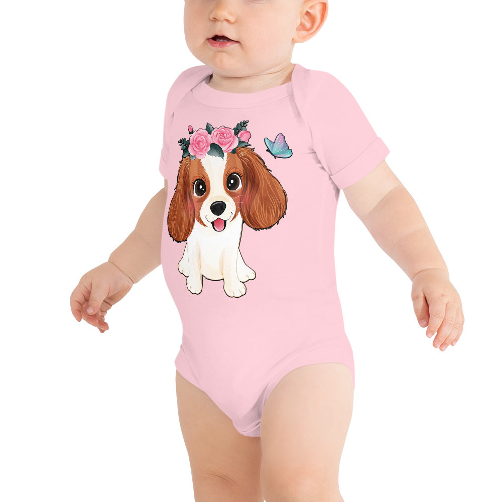 Cute Little Cavalier King Charles Dog with Flowers, Bodysuits, No. 0353