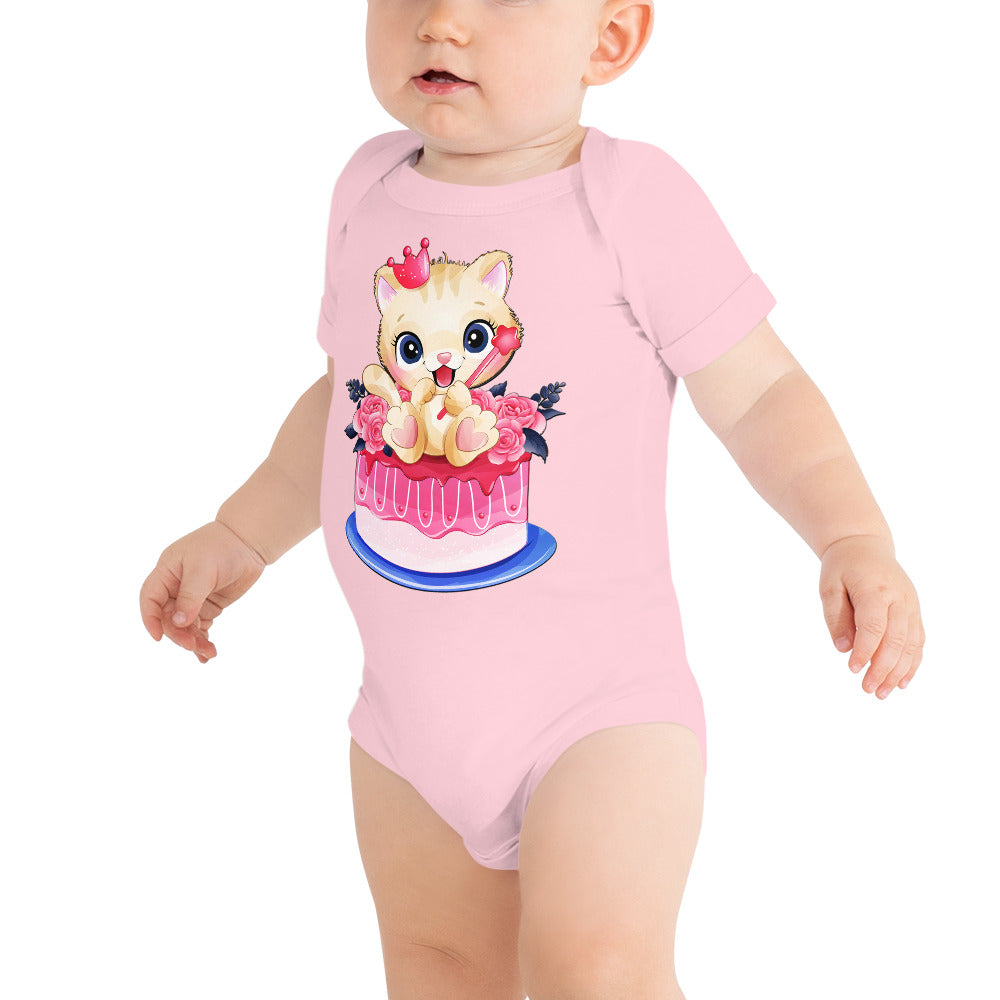 Lovely Baby Kitty Cat Sitting on Cake, Bodysuits, No. 0465