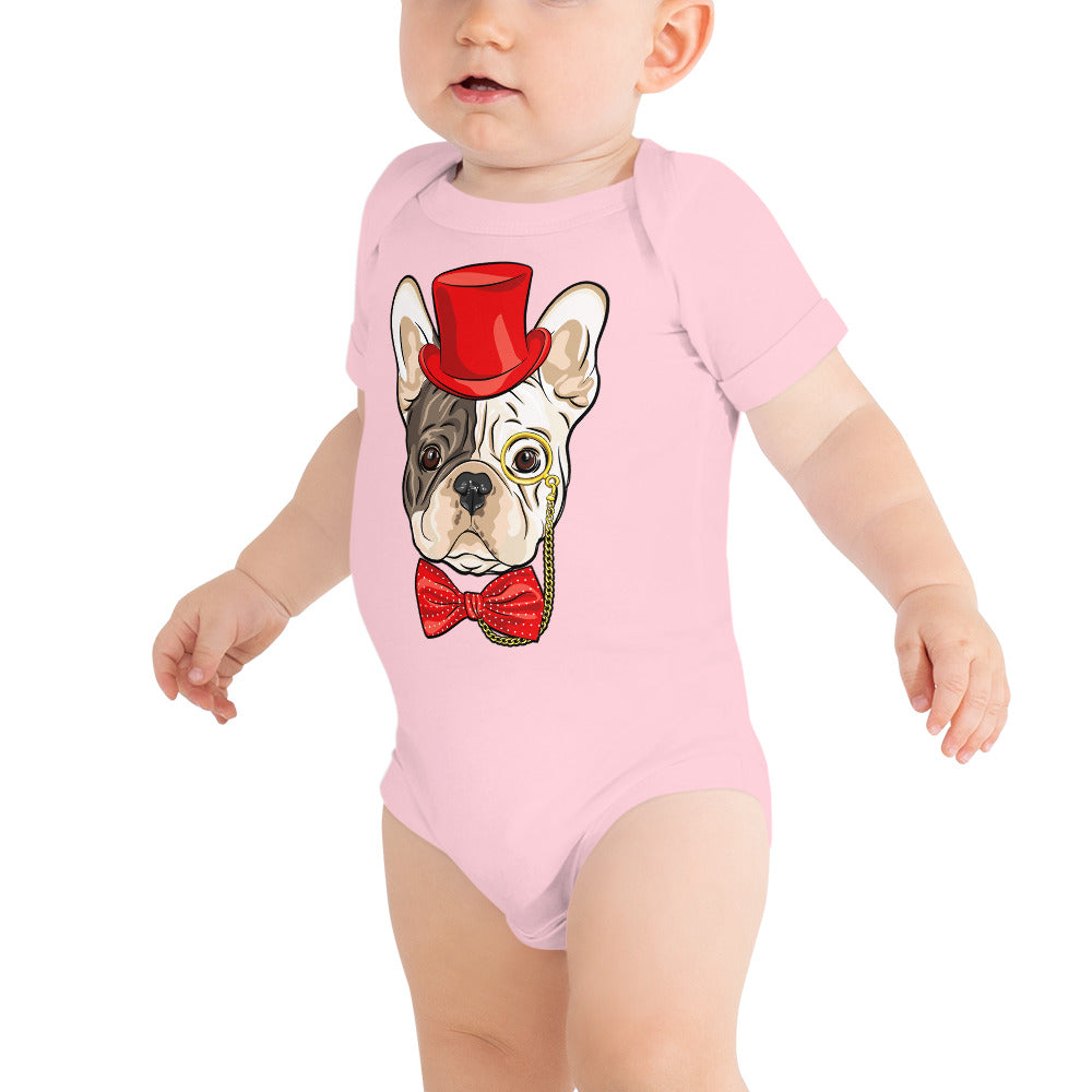 Gentleman French Bulldog Wears Red Hat Bodysuit, No. 0523