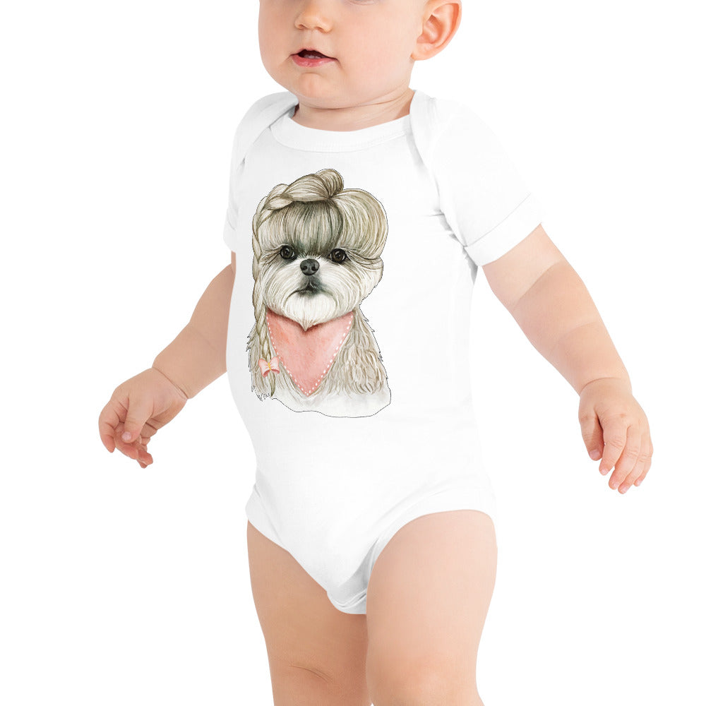 Adorable Dog with Hair Braids Ribbon, Bodysuit, No. 0564