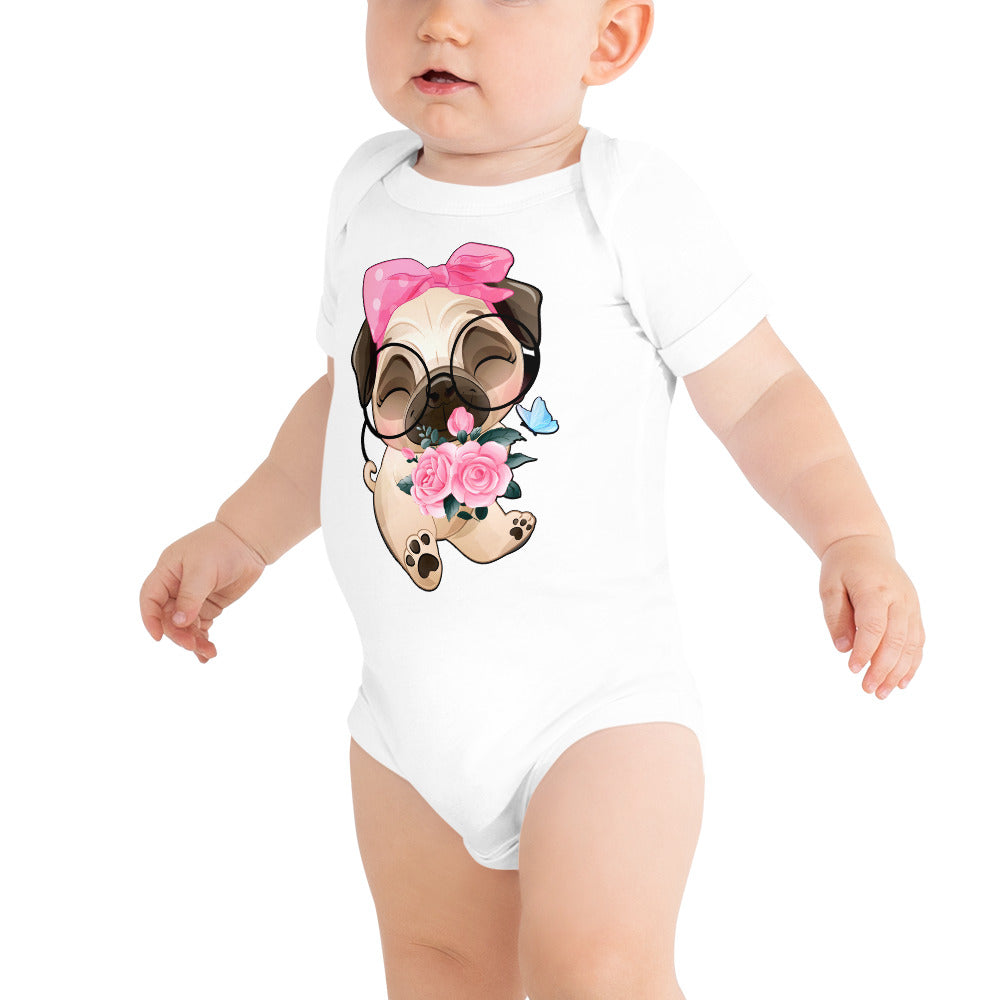 Cute Little Pug Dog Holding Roses, Bodysuits, No. 0362