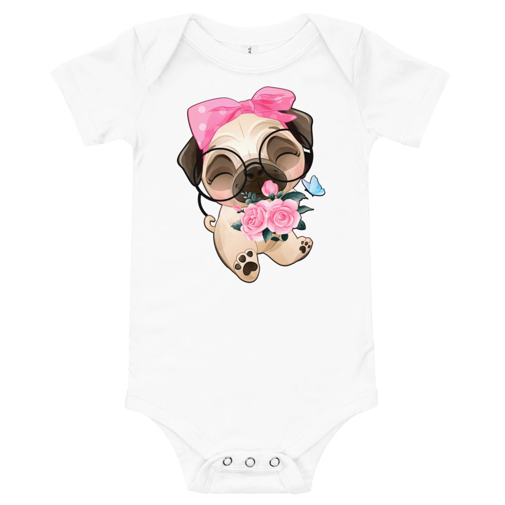 Cute Little Pug Dog Holding Roses, Bodysuits, No. 0362