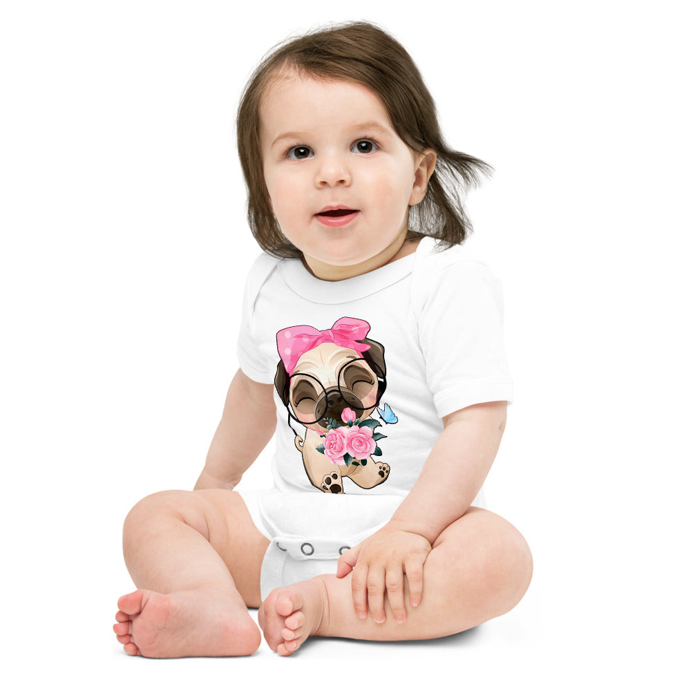 Cute Little Pug Dog Holding Roses, Bodysuits, No. 0362