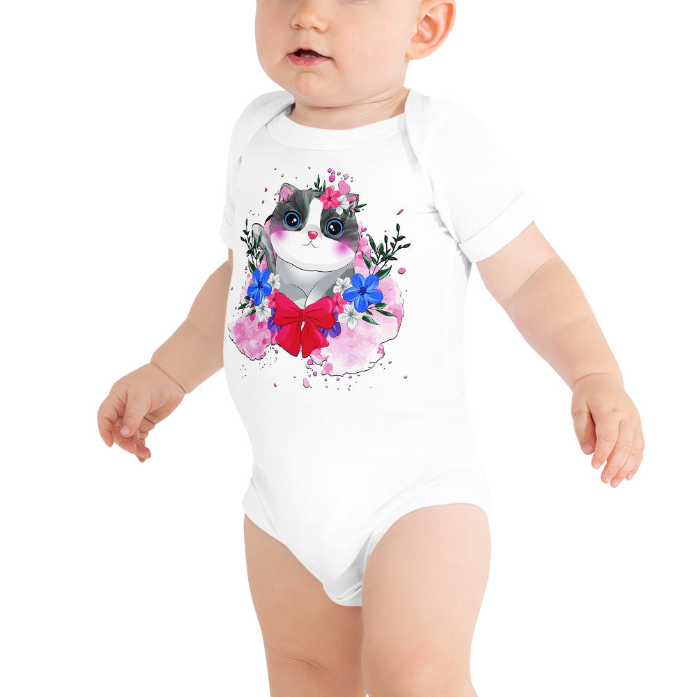 Cute Kitty Cat with Flowers, Bodysuits, No. 0328