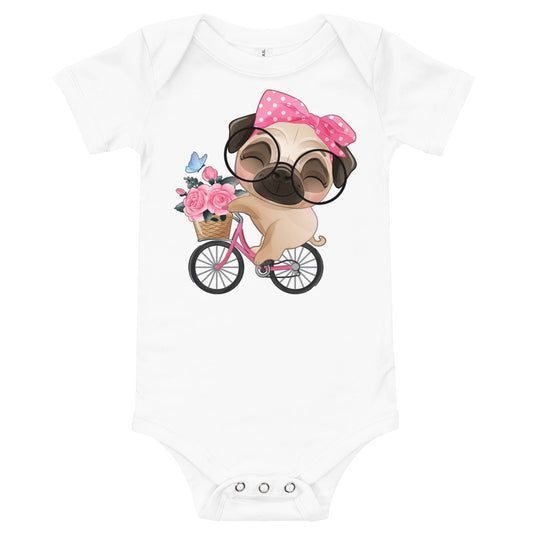Cute Little Pug Dog Riding Bicycle, Bodysuits, No. 0364