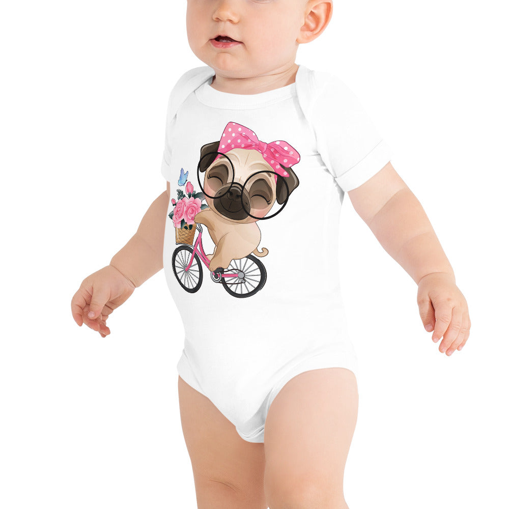 Cute Little Pug Dog Riding Bicycle, Bodysuits, No. 0364