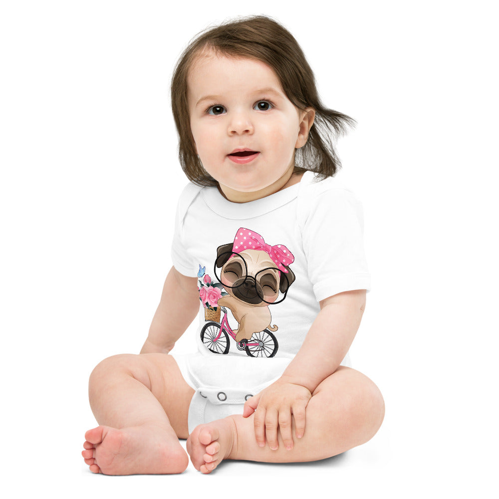 Cute Little Pug Dog Riding Bicycle, Bodysuits, No. 0364