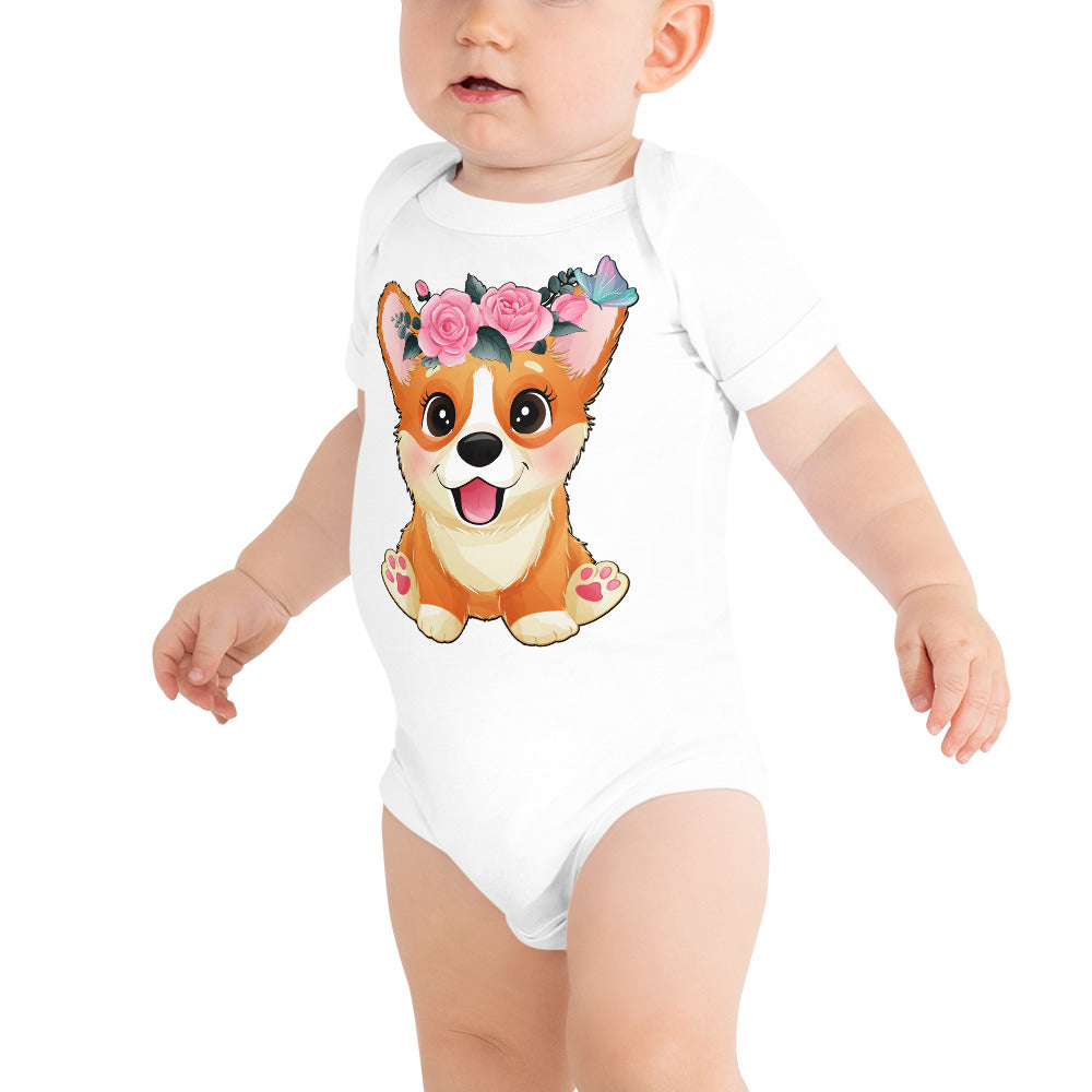 Cute Little Corgi Dog with Flowers, Bodysuits, No. 0354