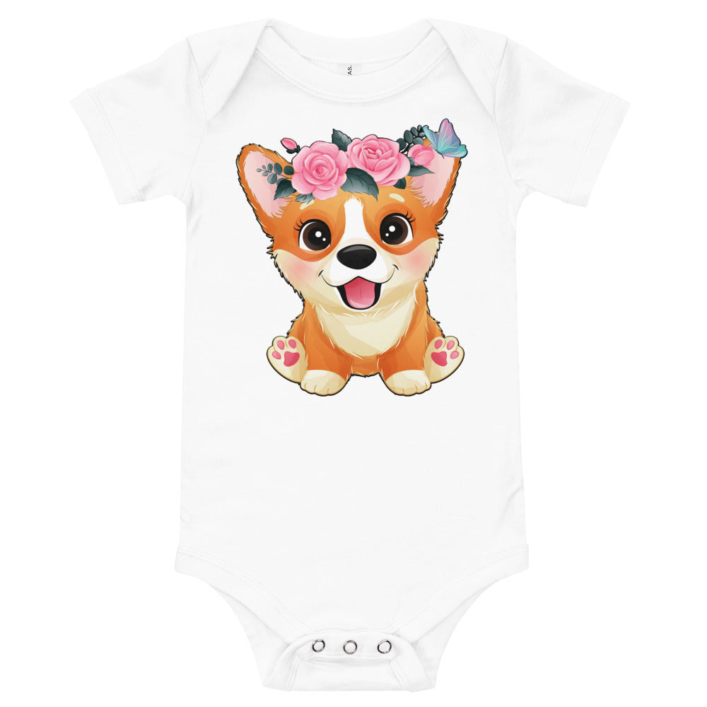 Cute Little Corgi Dog with Flowers, Bodysuits, No. 0354