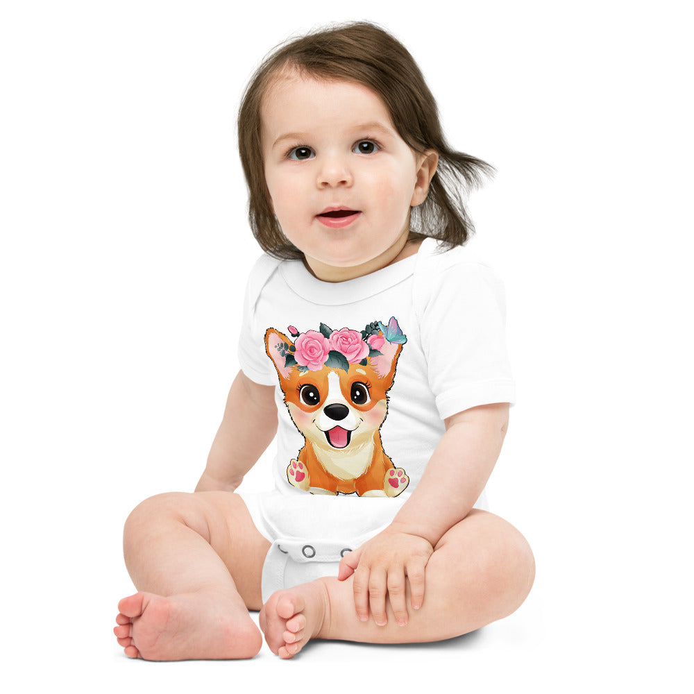 Cute Little Corgi Dog with Flowers, Bodysuits, No. 0354