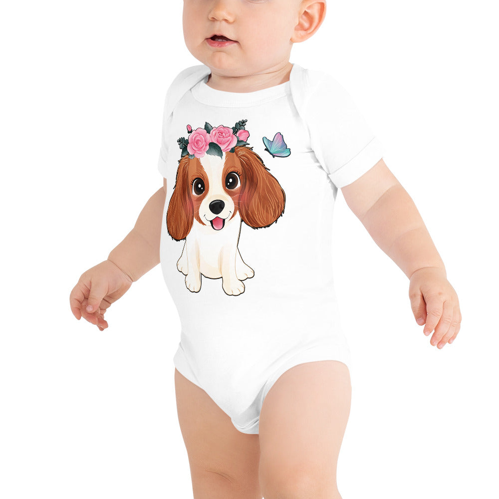 Cute Little Cavalier King Charles Dog with Flowers, Bodysuits, No. 0353