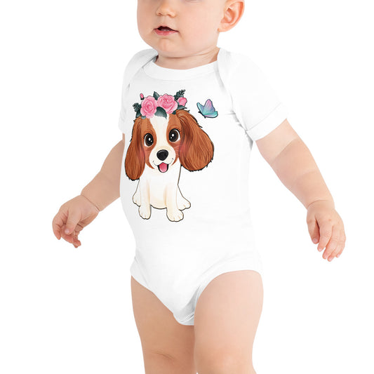 Cute Little Cavalier King Charles Dog with Flowers, Bodysuits, No. 0353