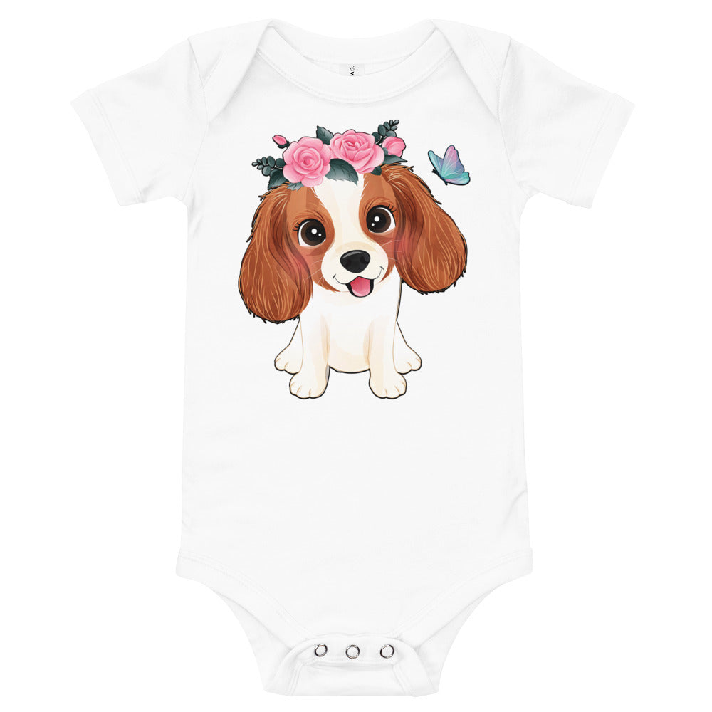 Cute Little Cavalier King Charles Dog with Flowers, Bodysuits, No. 0353