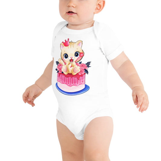 Lovely Baby Kitty Cat Sitting on Cake, Bodysuits, No. 0465