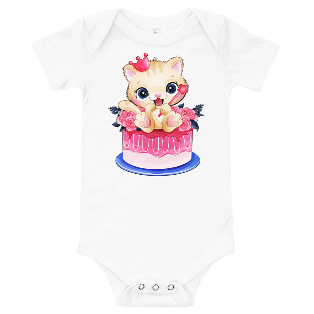 Lovely Baby Kitty Cat Sitting on Cake, Bodysuits, No. 0465