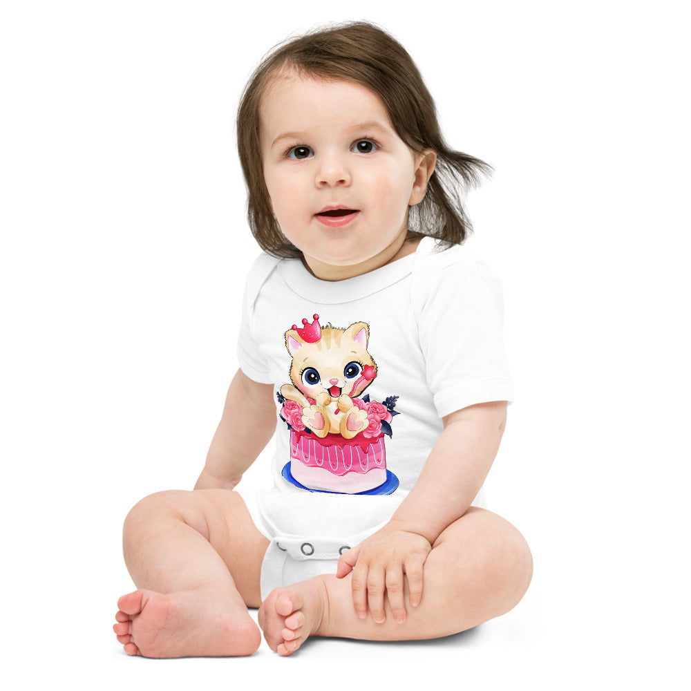 Lovely Baby Kitty Cat Sitting on Cake, Bodysuits, No. 0465