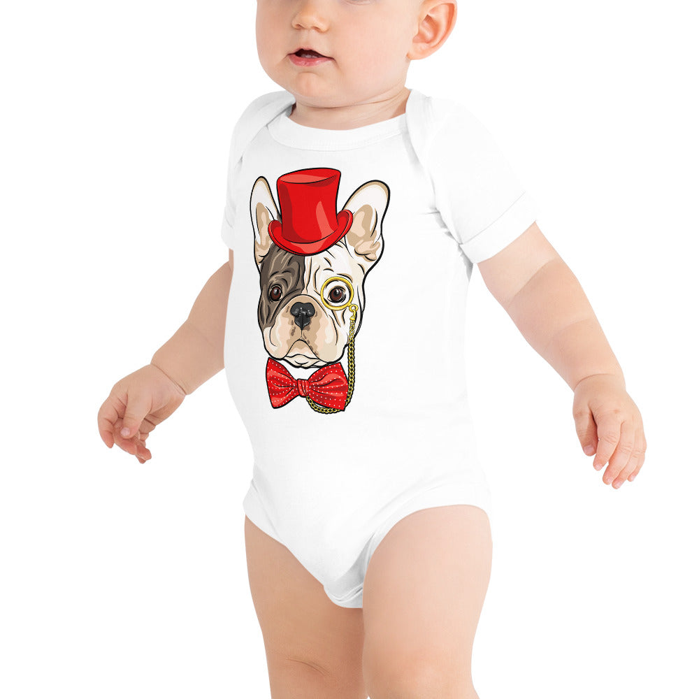 Gentleman French Bulldog Wears Red Hat Bodysuit, No. 0523